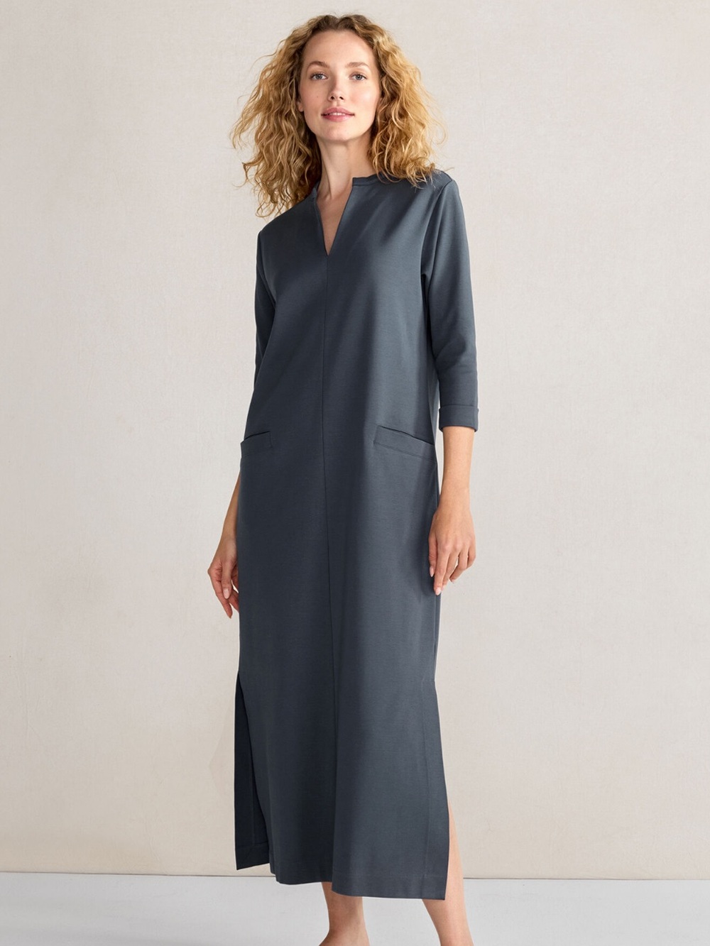 Haven Well Within Polished Lounge Split Neck Dress Slate Organic Cotton M
